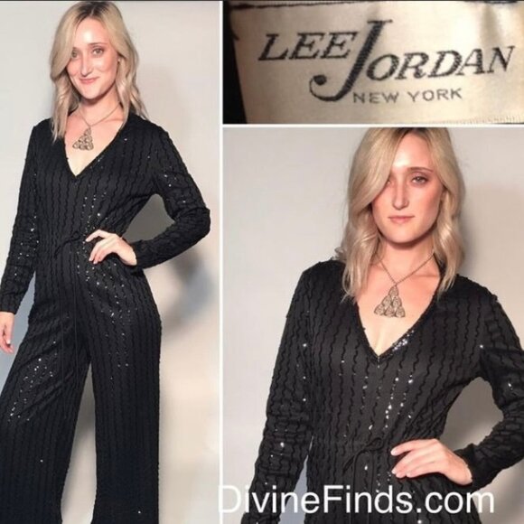 Amazing Disco 1970s Black Sequin Belted Bell Bottom Jumpsuit By Lee Jordan